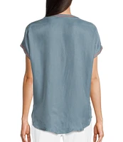 John Mark Button Up Tie Front Short Kimono Sleeve Split Round Neck Embroidered Blouse