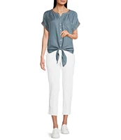 John Mark Button Up Tie Front Short Kimono Sleeve Split Round Neck Embroidered Blouse