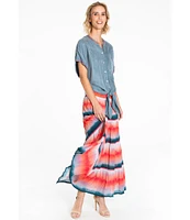 John Mark Button Up Tie Front Short Kimono Sleeve Split Round Neck Embroidered Blouse