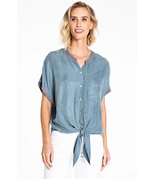 John Mark Button Up Tie Front Short Kimono Sleeve Split Round Neck Embroidered Blouse