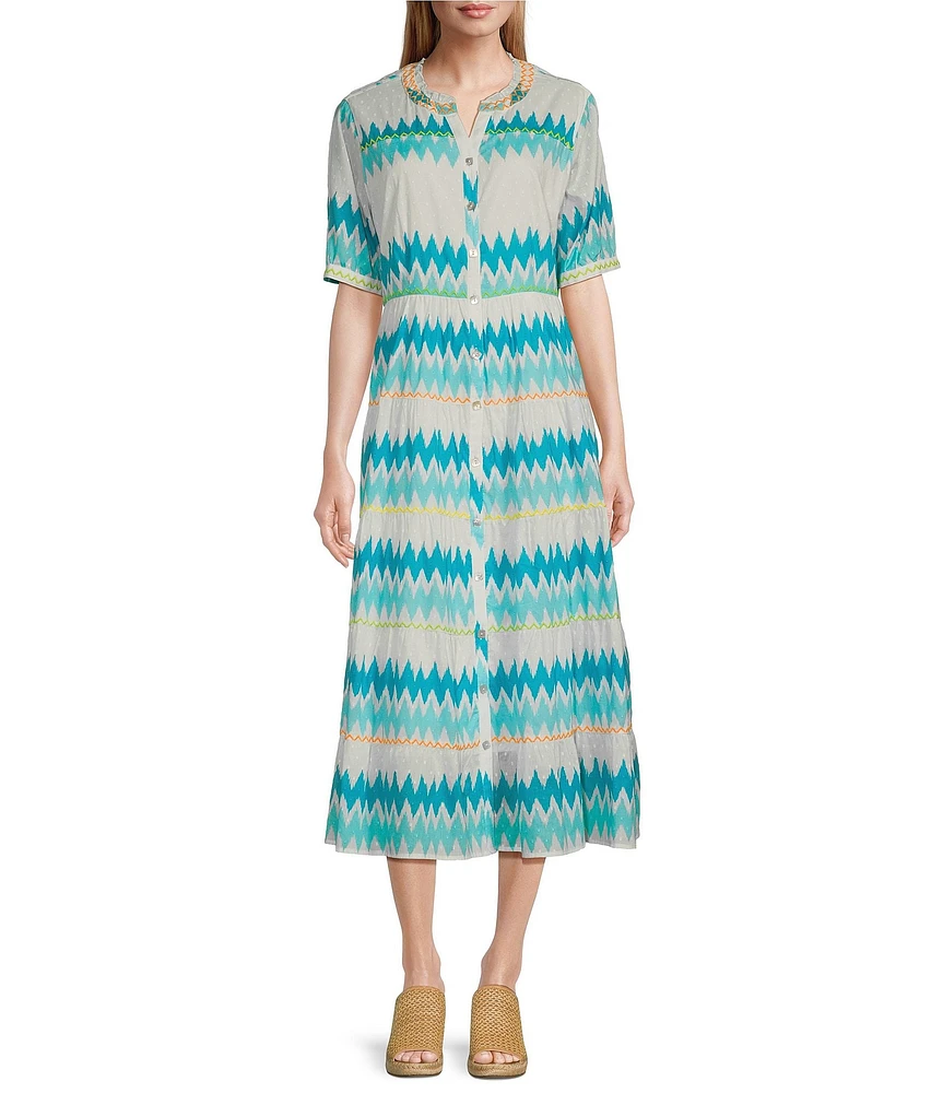 John Mark Chevron V-Neck Elbow Sleeve Button Front Midi Dress
