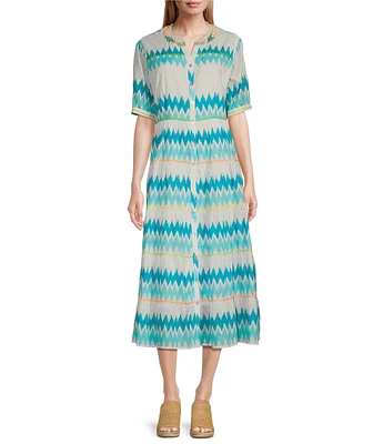 John Mark Chevron V-Neck Elbow Sleeve Button Front Midi Dress