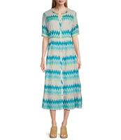John Mark Chevron V-Neck Elbow Sleeve Button Front Midi Dress