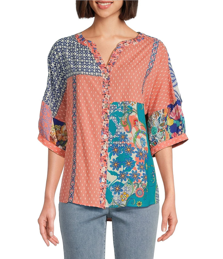 John Mark Clip Dot Embroidered Mix Print Dolman Sleeve Button Front Shirt