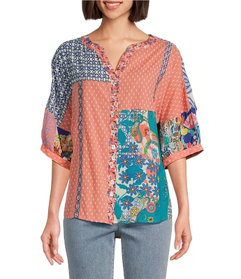 John Mark Clip Dot Embroidered Mix Print Dolman Sleeve Button Front Shirt