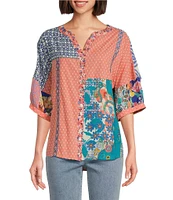 John Mark Clip Dot Embroidered Mix Print Dolman Sleeve Button Front Shirt