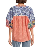 John Mark Clip Dot Embroidered Mix Print Dolman Sleeve Button Front Shirt