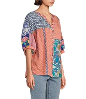 John Mark Clip Dot Embroidered Mix Print Dolman Sleeve Button Front Shirt