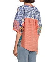 John Mark Clip Dot Embroidered Mix Print Dolman Sleeve Button Front Shirt
