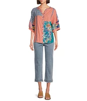 John Mark Clip Dot Embroidered Mix Print Dolman Sleeve Button Front Shirt