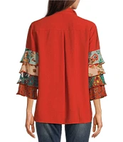 John Mark Collared 3/4 Printed Tiered Sleeve Button Down Top