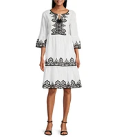 John Mark Cotton Split Neck Short Sleeve Embroidered Tiered Dress