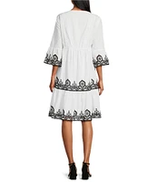John Mark Cotton Split Neck Short Sleeve Embroidered Tiered Dress