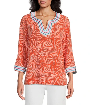 John Mark Embroidered Allover Tropical Leaf Print Split V-Neck 3/4 Sleeve Tunic