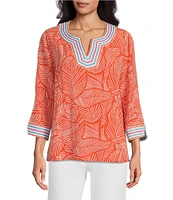 John Mark Embroidered Allover Tropical Leaf Print Split V-Neck 3/4 Sleeve Tunic