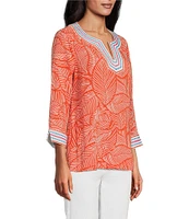 John Mark Embroidered Allover Tropical Leaf Print Split V-Neck 3/4 Sleeve Tunic