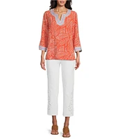 John Mark Embroidered Allover Tropical Leaf Print Split V-Neck 3/4 Sleeve Tunic