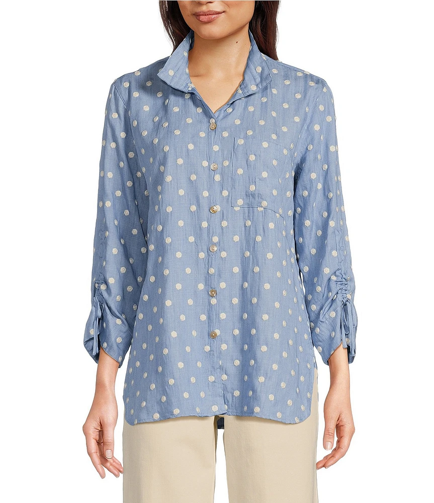 John Mark Embroidered Dot Wire Collar Ruched Cinch Tie 3/4 Sleeve Button Front Blouse