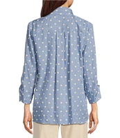 John Mark Embroidered Dot Wire Collar Ruched Cinch Tie 3/4 Sleeve Button Front Blouse