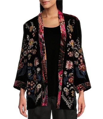 John Mark Embroidered Floral Burnout Velvet 3/4 Sleeve Open-Front Kimono