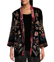 John Mark Embroidered Floral Burnout Velvet 3/4 Sleeve Open-Front Kimono