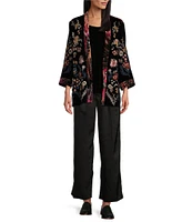 John Mark Embroidered Floral Burnout Velvet 3/4 Sleeve Open-Front Kimono