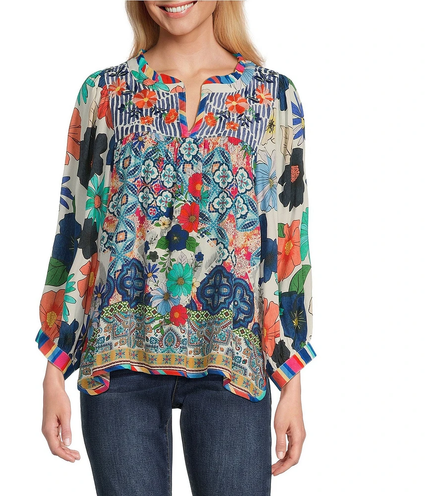 John Mark Embroidered Floral Print Split Neck 3/4 Sleeve Tunic