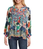 John Mark Embroidered Floral Print Split Neck 3/4 Sleeve Tunic