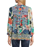 John Mark Embroidered Floral Print Split Neck 3/4 Sleeve Tunic