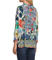John Mark Embroidered Floral Print Split Neck 3/4 Sleeve Tunic
