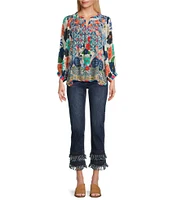 John Mark Embroidered Floral Print Split Neck 3/4 Sleeve Tunic