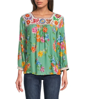 John Mark Embroidered Floral Print Square Neck 3/4 Sleeve Peasant Top