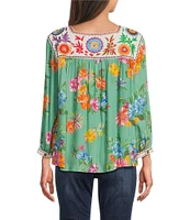 John Mark Embroidered Floral Print Square Neck 3/4 Sleeve Peasant Top