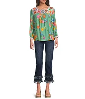 John Mark Embroidered Floral Print Square Neck 3/4 Sleeve Peasant Top