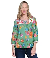 John Mark Embroidered Floral Print Square Neck 3/4 Sleeve Peasant Top