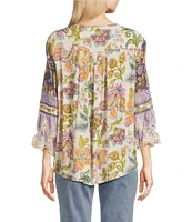 John Mark Embroidered Floral Split Tassel Tie Neck 3/4 Ruffle Sleeve Peasant Top