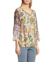 John Mark Embroidered Floral Split Tassel Tie Neck 3/4 Ruffle Sleeve Peasant Top