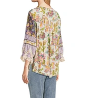 John Mark Embroidered Floral Split Tassel Tie Neck 3/4 Ruffle Sleeve Peasant Top