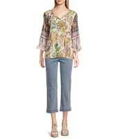 John Mark Embroidered Floral Split Tassel Tie Neck 3/4 Ruffle Sleeve Peasant Top
