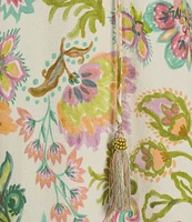 John Mark Embroidered Floral Split Tassel Tie Neck 3/4 Ruffle Sleeve Peasant Top