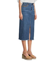 John Mark Embroidered Front Slit Midi Denim Skirt