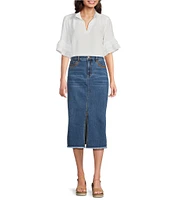 John Mark Embroidered Front Slit Midi Denim Skirt
