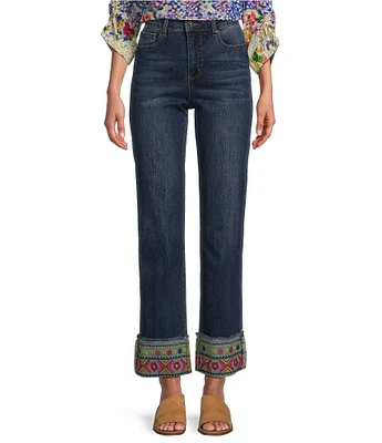 John Mark Embroidered Hem Straight Leg Cuffed Jeans