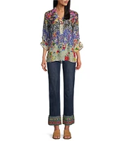 John Mark Embroidered Hem Straight Leg Cuffed Jeans