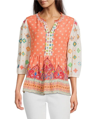 John Mark Embroidered Mix Printed Split V-Neck 3/4 Bubble Sleeve Tunic