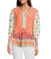 John Mark Embroidered Mix Printed Split V-Neck 3/4 Bubble Sleeve Tunic