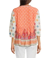 John Mark Embroidered Mix Printed Split V-Neck 3/4 Bubble Sleeve Tunic