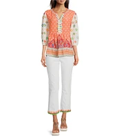 John Mark Embroidered Mix Printed Split V-Neck 3/4 Bubble Sleeve Tunic