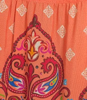 John Mark Embroidered Mix Printed Split V-Neck 3/4 Bubble Sleeve Tunic