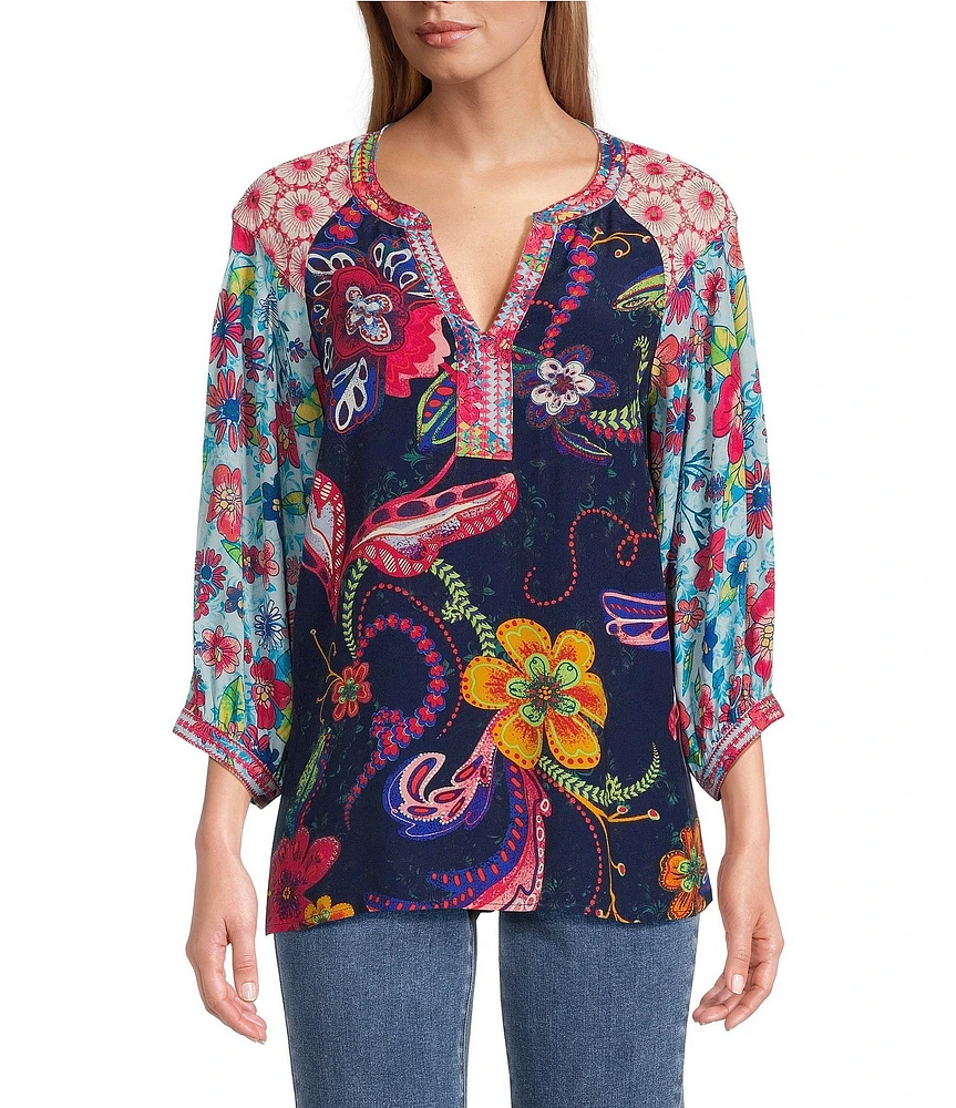 John Mark Embroidered Mixed Floral Print Split V-Neck 3/4 Sleeve Popover Top